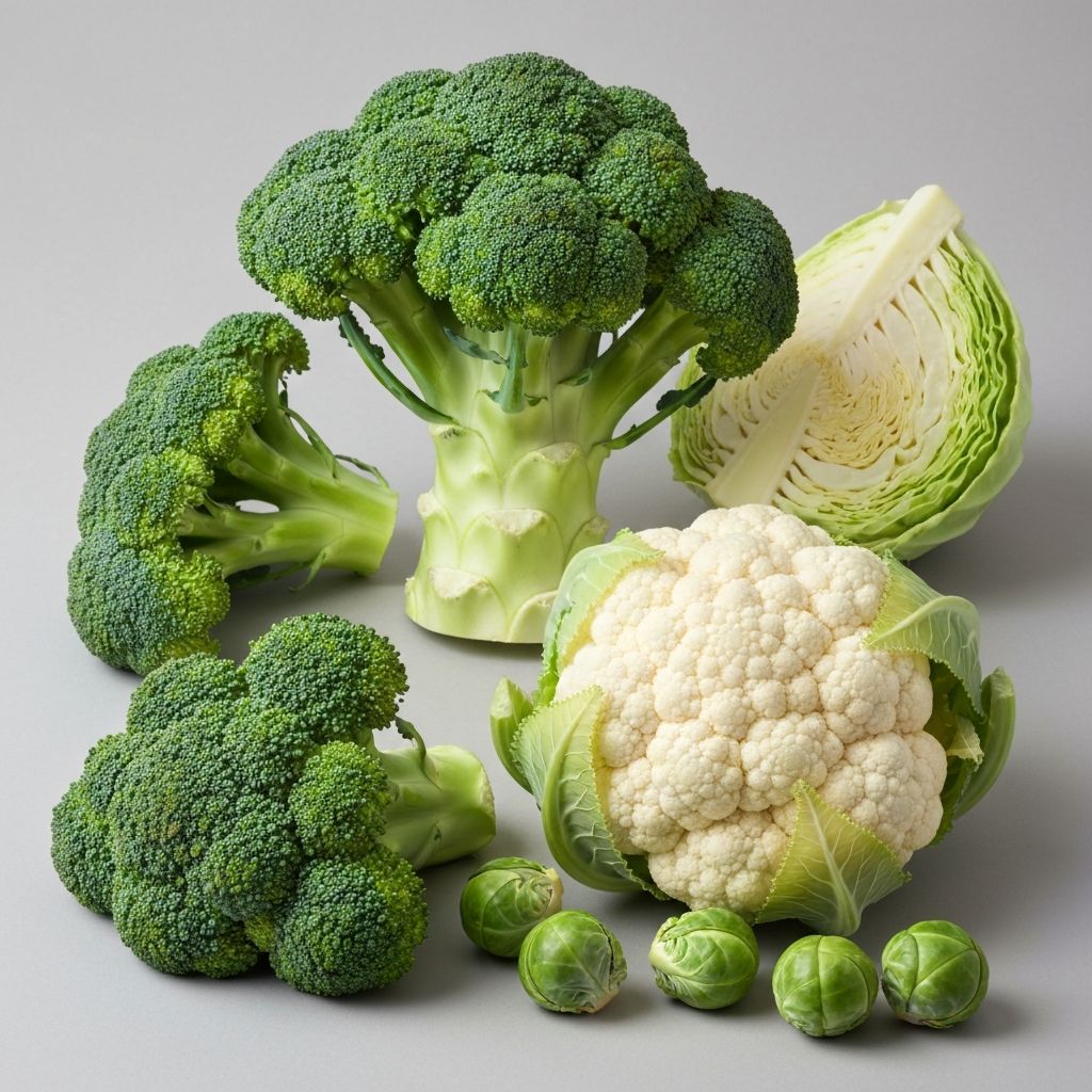 Whole broccoli, cauliflower heads, and cabbage wedge showing structural detail